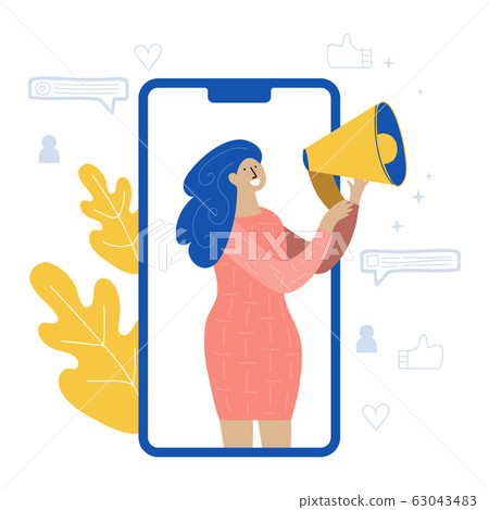 woman shout at the megaphone with the latest news word woman shout at the megaphone with the latest news word 63043483