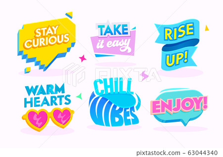 Good Vibes Motivation Icons Set Isolated on White Background. Labels and Banners with Typography Quotes Good Vibes Motivation Icons Set Isolated on White Background. Labels and Banners with Typography Quotes 63044340