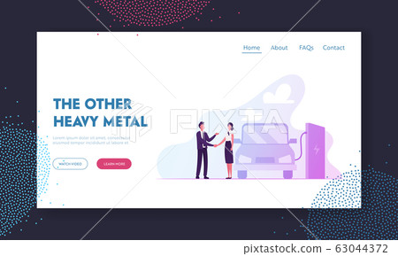 Eco Transport with Electricity Power Website Landing Page. Woman and Man Shaking Hands at Charging Electric Car Eco Transport with Electricity Power Website Landing Page. Woman and Man Shaking Hands at Charging Electric Car 63044372