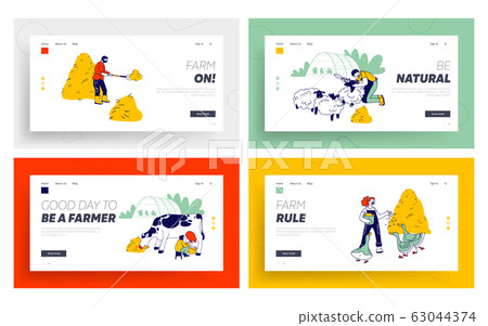 People Doing Farming Job Website Landing Page Set. Villager on Farm Harvesting Hay, Shearing Sheep, Milking Cow People Doing Farming Job Website Landing Page Set. Villager on Farm Harvesting Hay, Shearing Sheep, Milking Cow 63044374