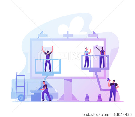 Workers Prepare Billboard to Installing New Advertisement. Industrial Climbers Working on Ladder and Lifting Platform 63044436
