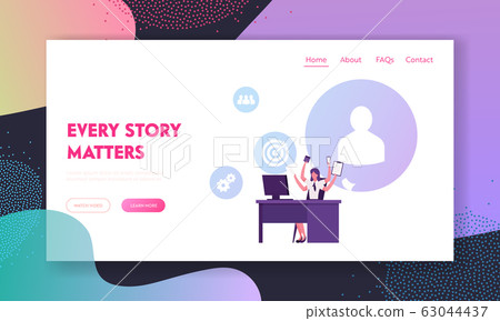 Delegation Authority and Multitasking Website Landing Page. Busy Woman with Many Hands Sitting at Workplace 63044437
