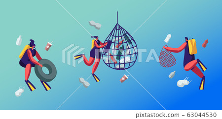 Scuba Divers Swimming in Ocean and Collecting Floating Sea Garbage in Polluted Water. Dirty Underwater Surface 63044530