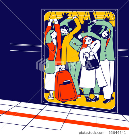 People Riding in Full Metro Van. City Dwellers Male and Female Characters Walking by Urban Train to Home 63044541