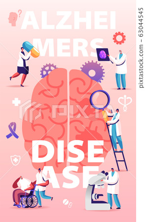 Alzheimer Disease Concept. Tiny Doctors Walking around of Huge Human Sick Brain, Purple Ribbon. Senior People Dementia Alzheimer Disease Concept. Tiny Doctors Walking around of Huge Human Sick Brain, Purple Ribbon. Senior People Dementia 63044545