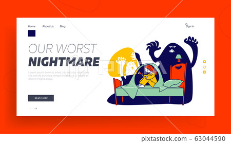Nightmare Terrified Phobia Website Landing Page. Little Scared Girl with Flashlight Sitting on Bed under Blanket 63044590