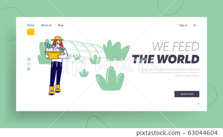Farm Natural Product, Organic Food Gardening, Farmland Website Landing Page. Girl Farmer or Gardener with Basket Farm Natural Product, Organic Food Gardening, Farmland Website Landing Page. Girl Farmer or Gardener with Basket 63044604