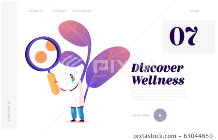 Clinic Medicine Profession Website Landing Page. Doctor with Huge Magnifying Glass Looking on Hepatitis Cells 63044650