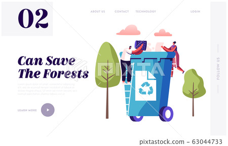 Waste Recycling Website Landing Page. Tiny People Throw Paper Garbage into Huge Litter Bin with Recycle Sign Waste Recycling Website Landing Page. Tiny People Throw Paper Garbage into Huge Litter Bin with Recycle Sign 63044733