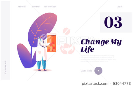Hepatitis Treatment Website Landing Page. Doctor in Medical Robe Holding Pills Bottle, Medicine for Liver, Healthcare 63044778
