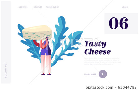 Delicatessen Production Website Landing Page. Woman Hold Huge Piece of French Roquefort Cheese with Blue Fungus 63044782