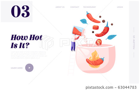 Hot Spicy Food Website Landing Page. Tiny Man Stand on Ladder Cooking Delicious Meal with Red Chili Pepper Hot Spicy Food Website Landing Page. Tiny Man Stand on Ladder Cooking Delicious Meal with Red Chili Pepper 63044783