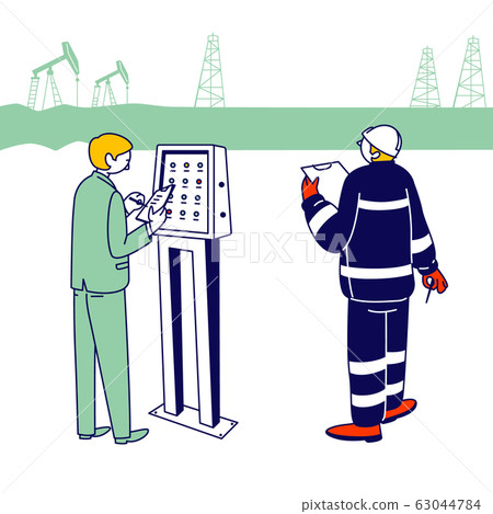 Gas Industry with Characters Working on Pipeline. Engineer Control Pipe, Production Operator Record Data to Log Book 63044784