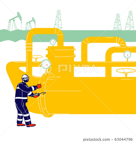 Operator Check Oil Pump Differential Gauge and Pressure Transmitter. Worker with Equipment Work in Gas Industry Operator Check Oil Pump Differential Gauge and Pressure Transmitter. Worker with Equipment Work in Gas Industry 63044796