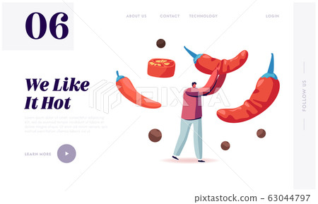 Hot Ingredient for Cook Spicy Seasoning Meal Website Landing Page. Man Holding Huge Red Chili Pepper 63044797