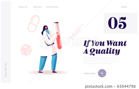 Blood Test on Hepatitis Website Landing Page. Female Nurse or Doctor Character Carry Huge Test Tube with Lifeblood 63044798