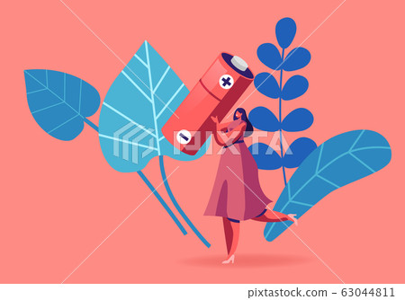 Sorting E-Waste, Garbage Segregation Concept. Woman Carry Huge Battery for Recycling Electric Rubbish, Environment 63044811