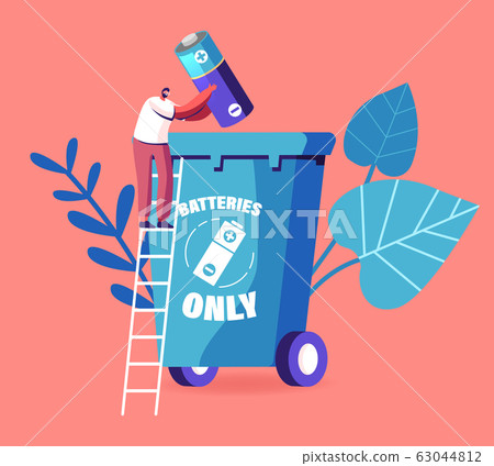 Waste Electrical and Electronic Equipment Concept. Tiny Man Throw Out Huge Battery into Special Litter Bin for Recycling 63044812
