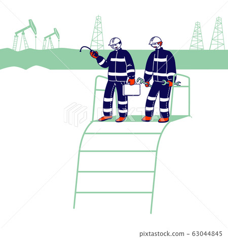 Oil and Gas Industry Activity. Workers in Uniform and Hardhats Holding Instruments on Production Line. Gasmen Engineers Oil and Gas Industry Activity. Workers in Uniform and Hardhats Holding Instruments on Production Line. Gasmen Engineers 63044845
