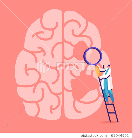 Tiny Female Doctor Character Stand on Ladder with Magnifying Glass Learn Huge Human Brain with Holes, Alzheimer Tiny Female Doctor Character Stand on Ladder with Magnifying Glass Learn Huge Human Brain with Holes, Alzheimer 63044901