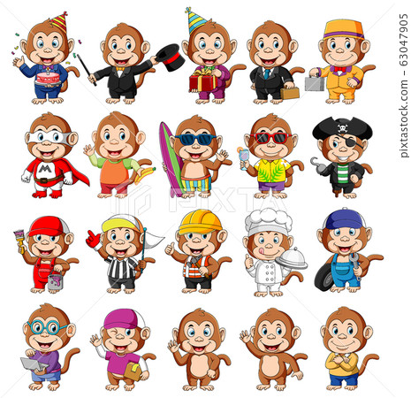 Cute monkey cartoon mascot pack - Stock Illustration [63047905] - PIXTA