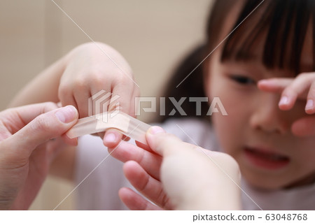 Adhesive bandage (cut bang band-aid person child copy space injury accident painful hot girl injury) 63048768
