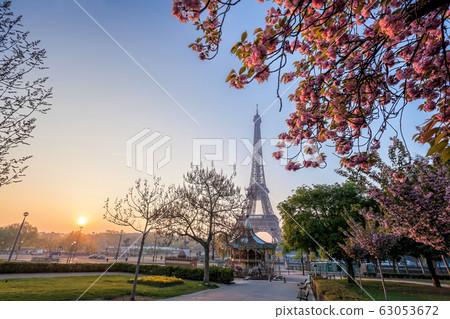 Eiffel Tower with spring trees in Paris, France Eiffel Tower with spring trees in Paris, France 63053672