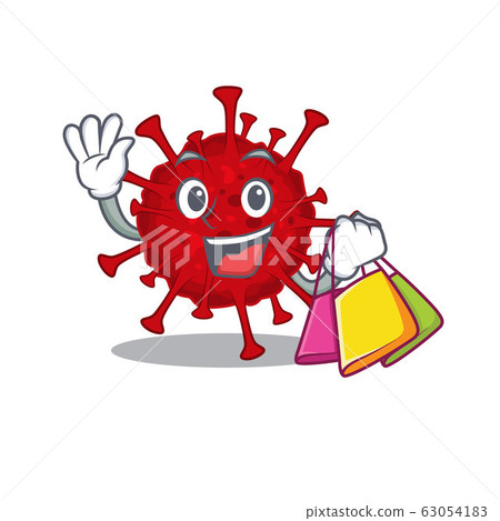 Happy rich betacoronavirus mascot design waving and holding Shopping bag 63054183