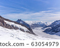 Great Aletsch glacier world heritage of Swiss and Bernese Alps and jungfrau snow mountain peak view from Jungfraujoch top of Europe with blue sky in summer background and copy space, Switzerland 63054979