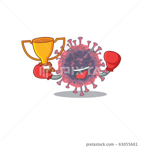Happy face of boxing winner microbiology coronavirus in mascot design style 63055681