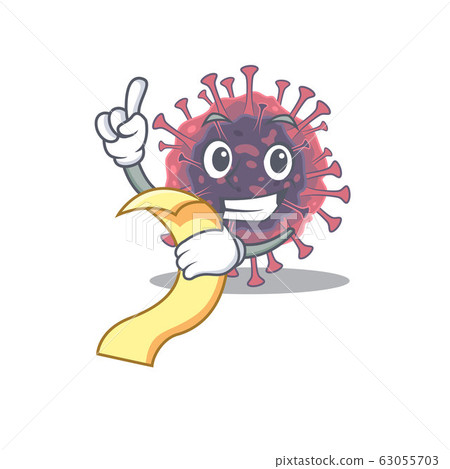cartoon character of microbiology coronavirus holding menu ready to serve 63055703