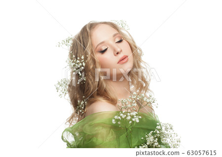 Gentle woman with blonde curly hairdo isolated  63057615
