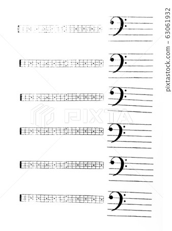 Music format template Electric bass fingerboard table and F clef for learning Music format template Electric bass fingerboard table and F clef for learning 63061932