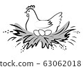 Hen incubate eggs in the nest on white background. 63062018