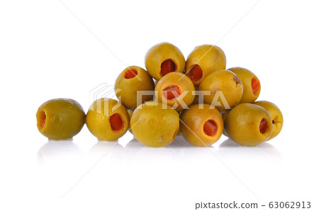 green olives stuffed with pimiento paste on white green olives stuffed with pimiento paste on white 63062913