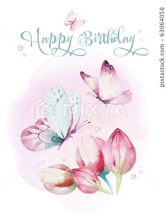 Cute Fairy character watercolor illustration on white background. Magic fantasy cartoon pink fairytale design. Baby girl birthday Cute Fairy character watercolor illustration on white background. Magic fantasy cartoon pink fairytale design. Baby girl birthday 63064058