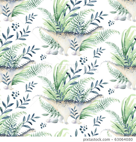 Cute cartoon baby dinosaurs seamless pattern watercolor paper, hand painted dino background texture Jurassic Park . Rex children funny art Cute cartoon baby dinosaurs seamless pattern watercolor paper, hand painted dino background texture Jurassic Park . Rex children funny art 63064080