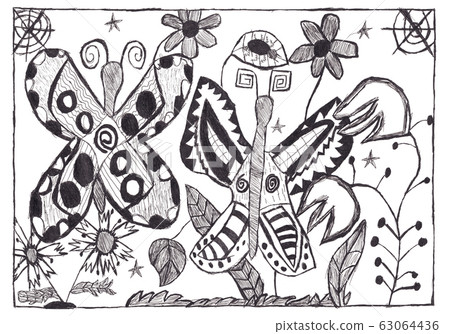 Child's drawing with ink pen of butterflies among Child's drawing with ink pen of butterflies among 63064436