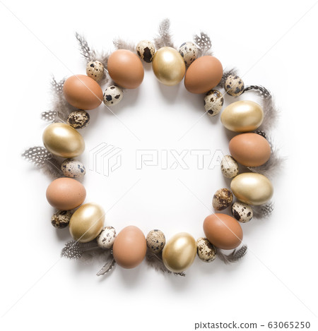 Easter wreath of golden, quail, chicken eggs 63065250