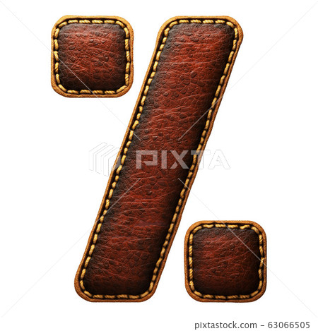 Symbol percent made of leather. 3D render font with skin texture isolated on white background. 63066505