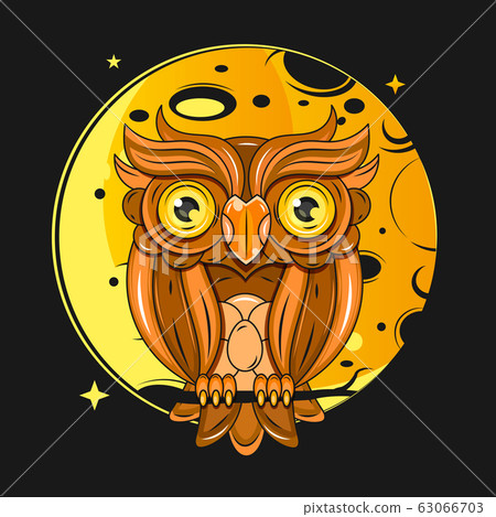 Owl Sits On A Tree Branch At Night Under The Moon Owl Sits On A Tree Branch At Night Under The Moon 63066703