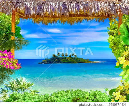 Tropical beach lagoon with palm trees. 63067484