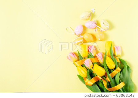 Easter scene with colored eggs Easter scene with colored eggs 63068142