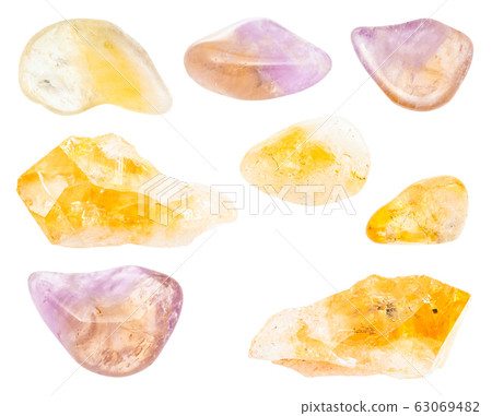 set of various Citrine gemstones isolated on white 63069482