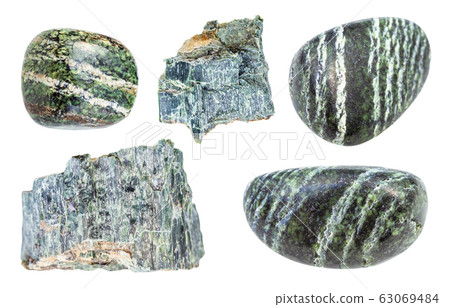 set of various Chrysotile rocks isolated on white 63069484
