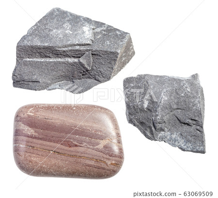 set of various Argillite rocks isolated on white 63069509