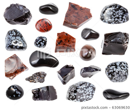set of various Obsidian rocks isolated on white 63069630