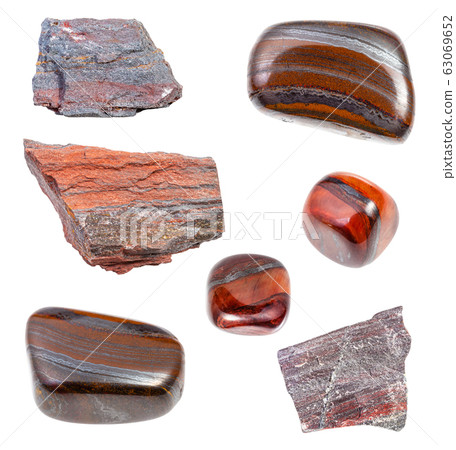 set of various Jaspilite rocks isolated on white 63069652