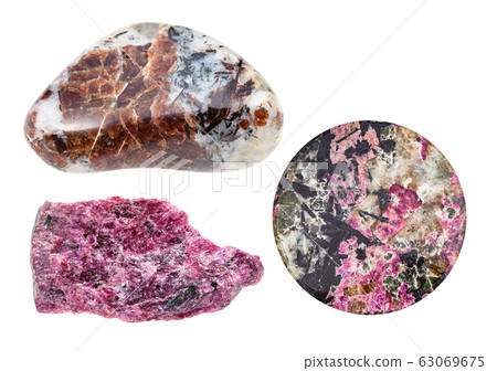 set of various eudialyte rocks isolted on white 63069675