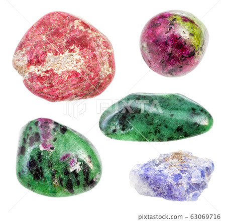 set of various Zoisite gemstones isolated 63069716